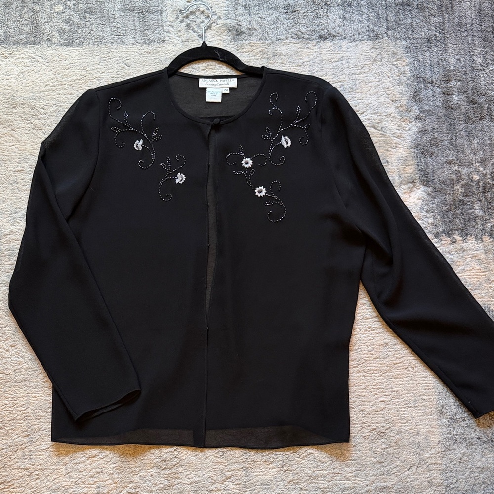 Black Sheer Beaded Floral-Embellished Cardigan